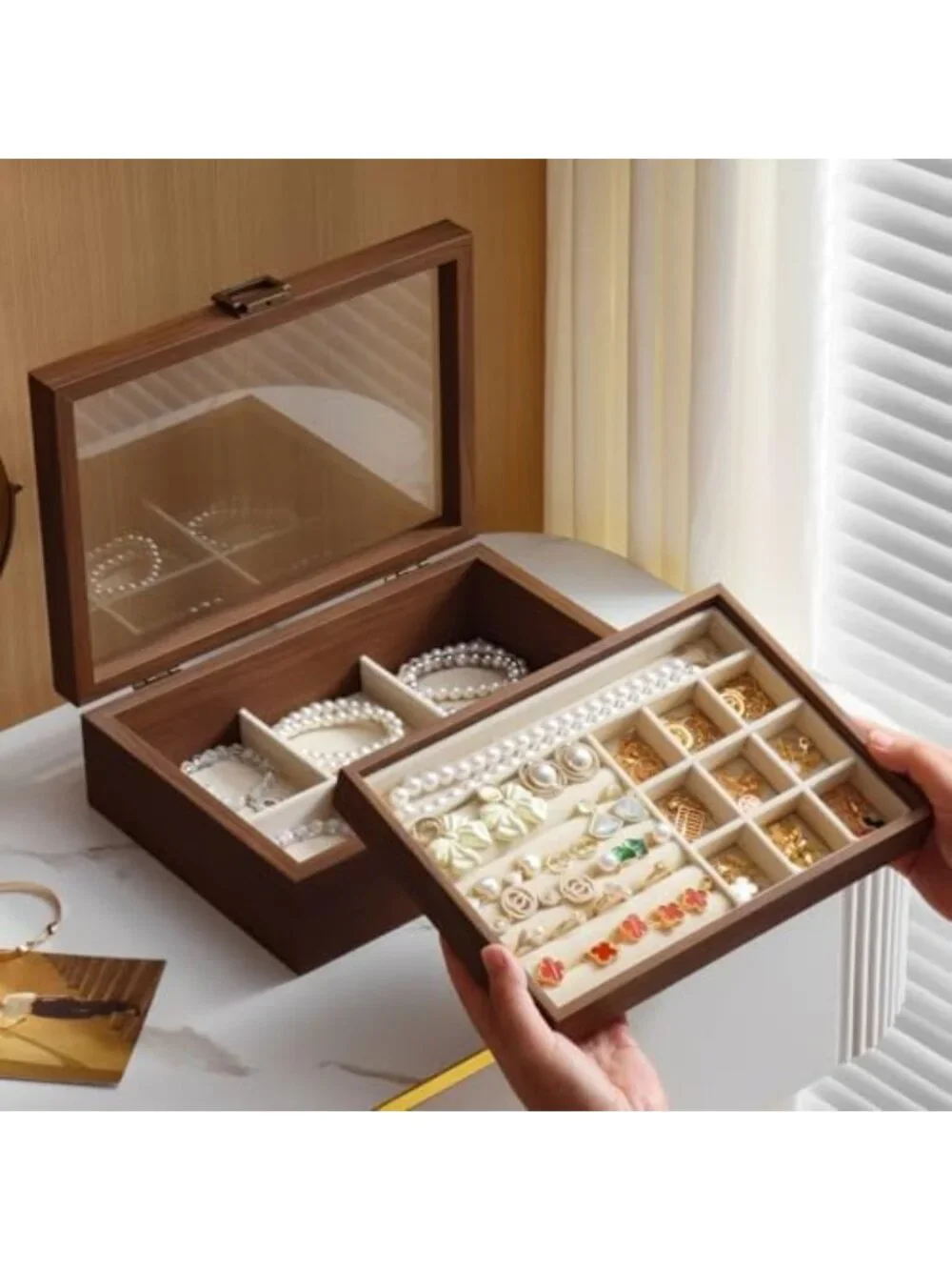Elegant 2-Layer Wooden Jewelry Box with Glass Lid - Stylish Organizer for
